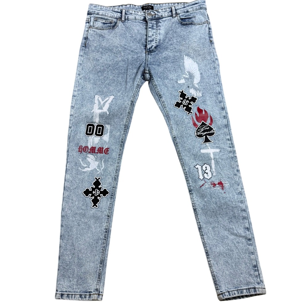 boohooMAN Mens 34 Acid Wash Graphic Print Jeans Blue Slim Fit‎ Button Fly